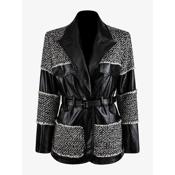 

TOP QUALITY Newest Runway 2020 Baroque Designer Jacket Women's Leather Patchwork Tweed Jacket