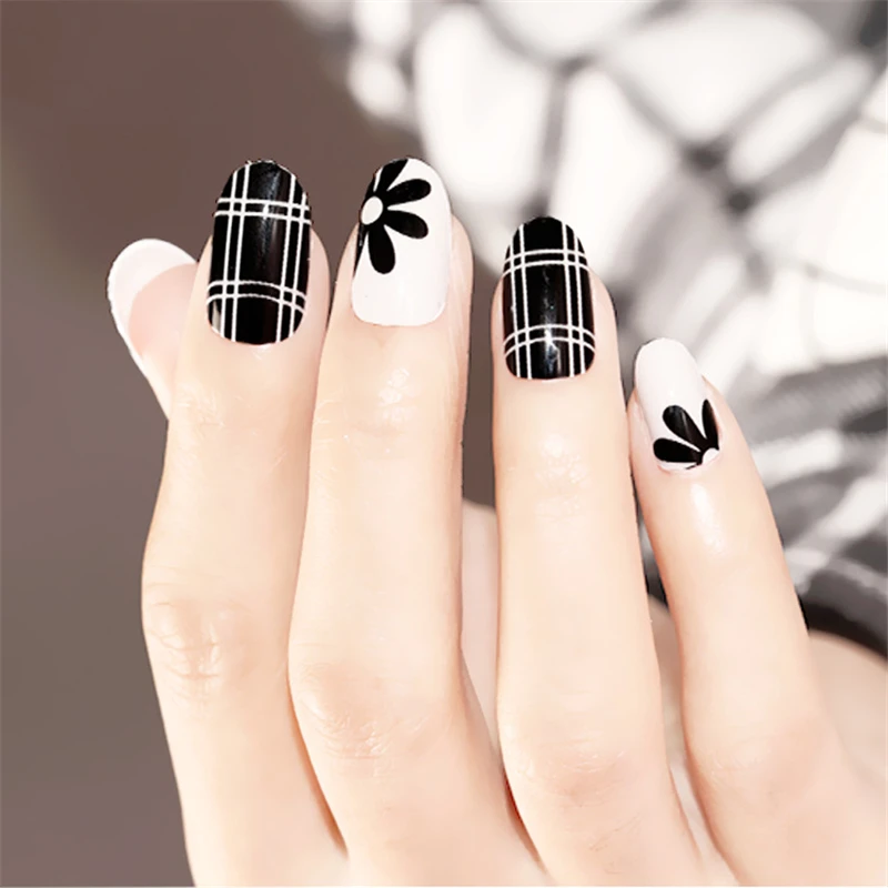 Nusx New 24 pieces False Nail Tips Black White Cross Flower Pattern Girl 3D DIY Plastic 2