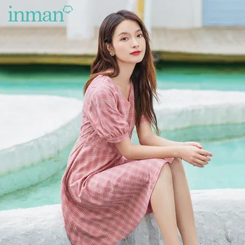 

INMAN 2020 Summer New Arrival Sweet Literature Slimmed V-neck Button Check A-line Dress