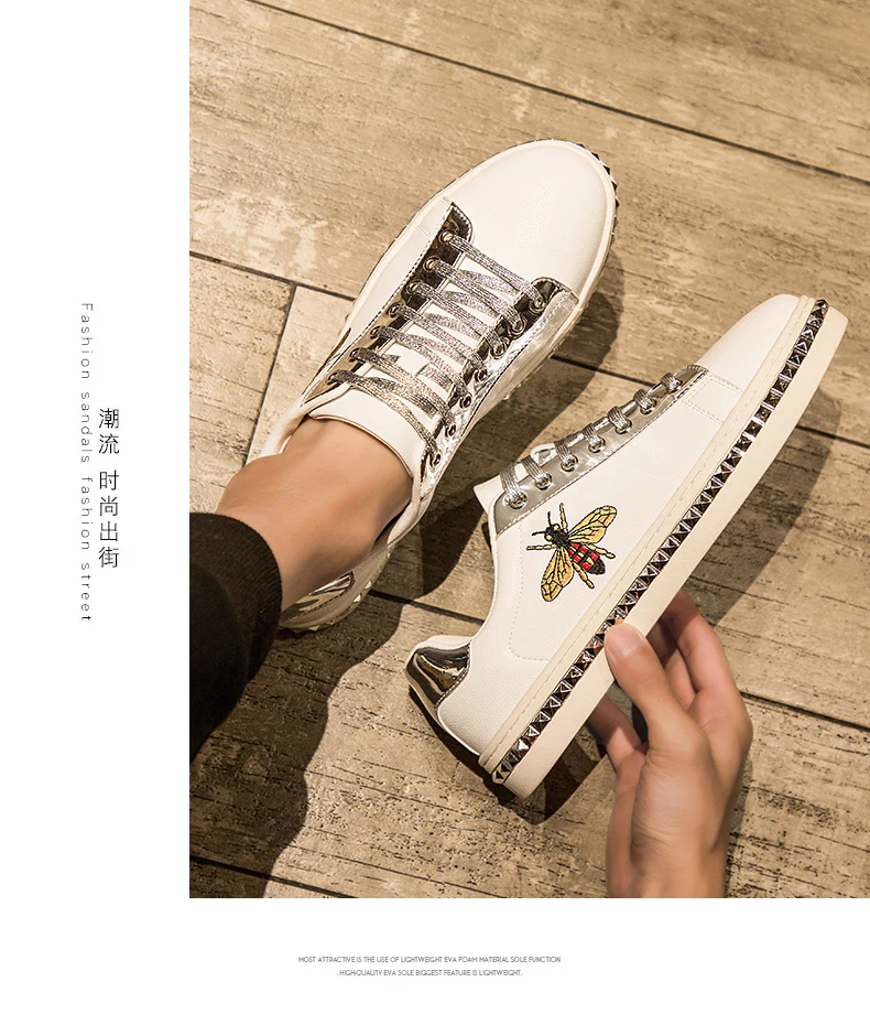 spring Autumn new retro trend men and women casual shoes Skateboard shoes bee white shoes Leather Male Sneakers