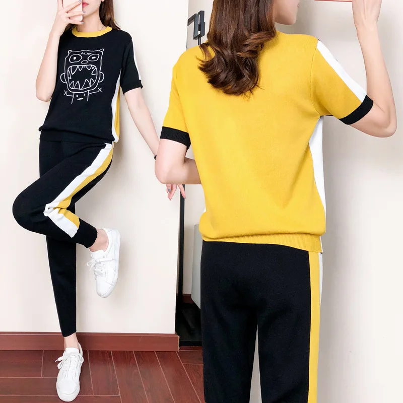 

Photo Shoot 2019 Spring And Summer New Style Viscose Set Short Sleeve Trousers Little Monster Knitted Sports Casual Two-Piece Wo