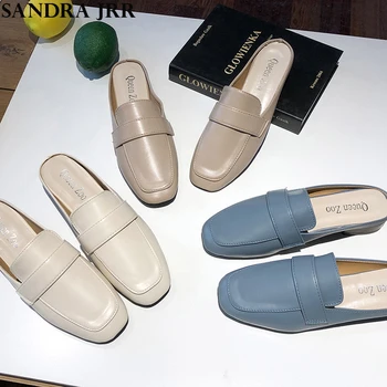 

SANDRA JRR Summer Slippers Women Flat Heel Square Toe Leather Slides Sandals Lady Casual Outside Flats Shoes Weekends Footwear