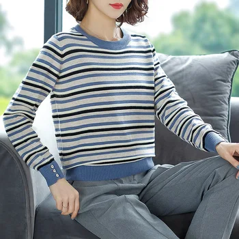 

Women Striped Sweaters and Pullovers 2019 Fall Fashion Female New Arrival Knitted Pullover Tops Loose Elegant Cotton Pull Jumper