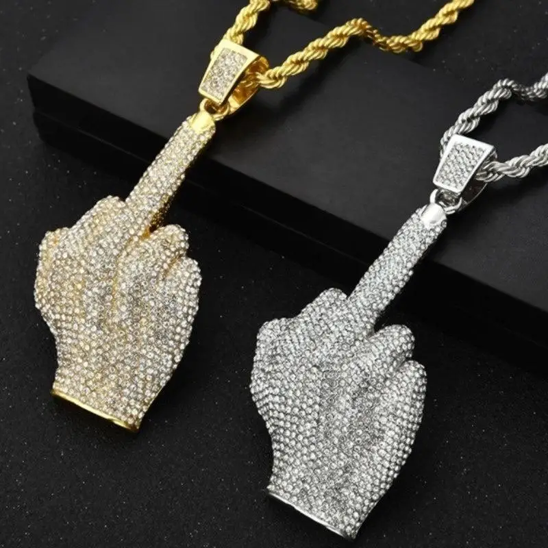 Hip Hop Necklace Man Iced Out Middle Finger Pendant Fashion Jewelry Gift