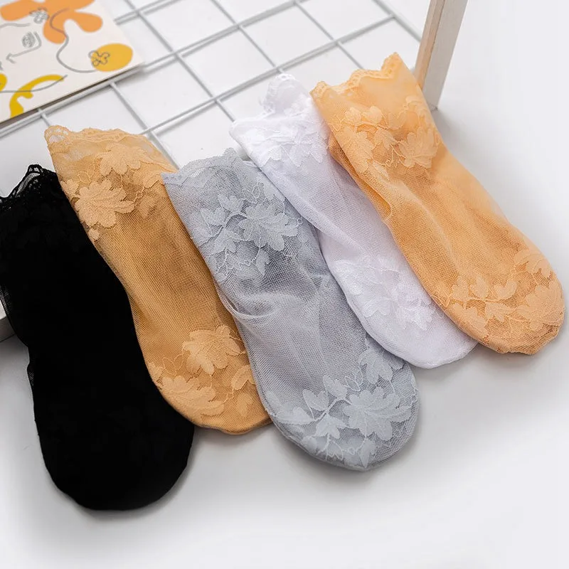 Summer Women Lace Socks Sexy Antiskid Non-slip Invisible Liner Sock Female Elastic Comfy Thin Breathable Ankle Short Black Socks