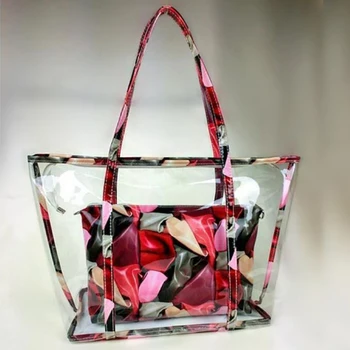 

PVC beach Bag zip open transparent big bag interior printing flowers zip open Daughter bag for cosmetics colorful Large tote bag