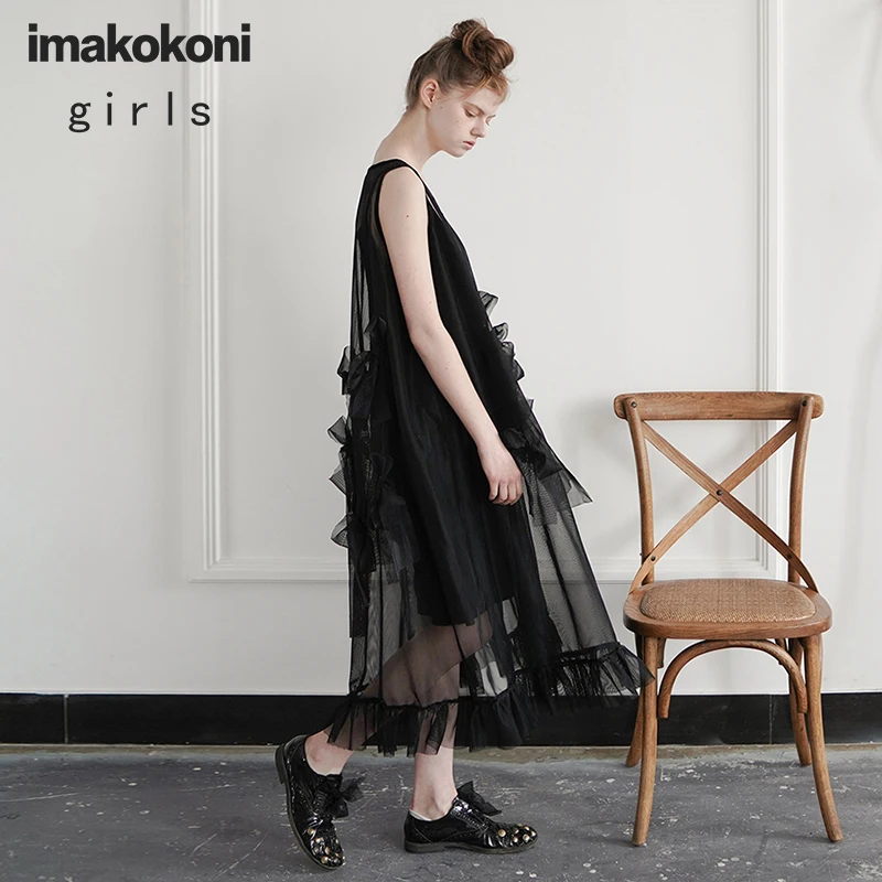 Оригинальное черное платье imakokoni большого размера на лямках с газовой юбкой подтяжках женское летнее из