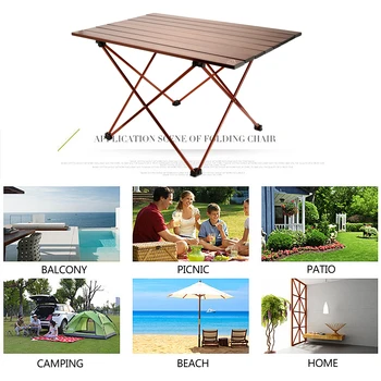 

S/M size Portable Aluminium Alloy Roll-up Folding Camping Picnic Table Lightweight Camping Outdoor Brown Table with Bag