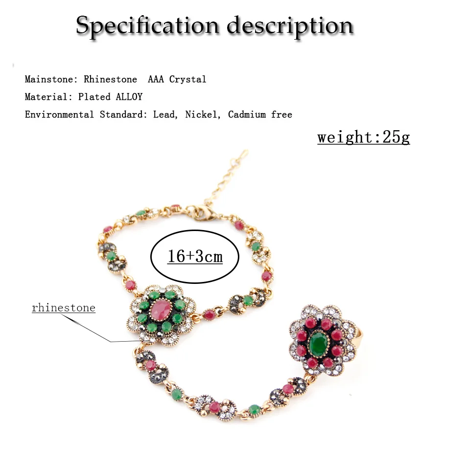 Sunspicems Retro Vintage Flower Charm Bracelet Link Ring for Women Crystal Hand-Back Chain Turkish Ethnic Wedding Jewelry