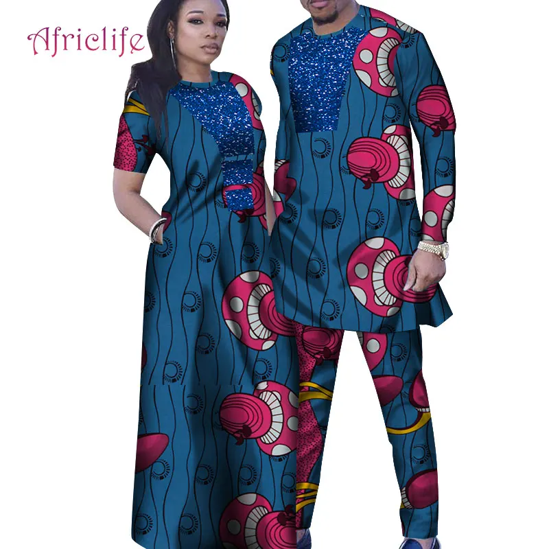 Африканская ткань Bazin женское длинное платье с карманами и длинным рукавом мужские костюмы Хорошее качество парные платья WYQ286 - Цвет: 12