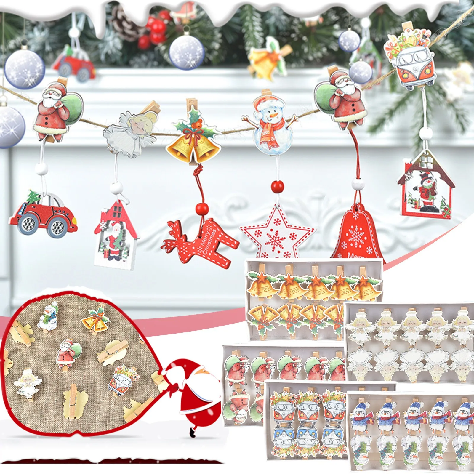 Kawaii Christmas Tree Stocking Santa Claus Wooden Clips Hanging Photos Clothespins With Rope Decoration Supplies gift box | Дом и сад