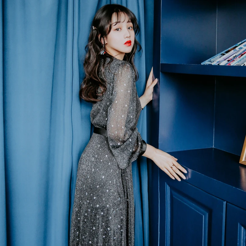 Длинное платье YAMDI женское шикарное винтажное с длинным рукавом и v образным