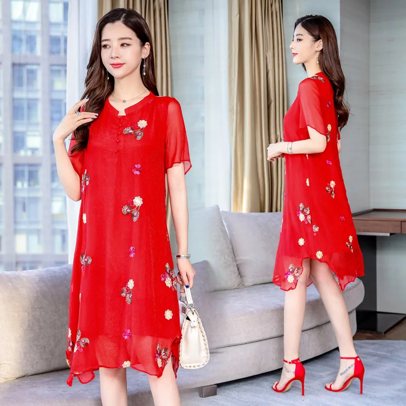 

Casual Versatile Middle-aged Mom WOMEN'S Dress 2019 Loose-Fit Cover Belly New Style Fresh And Elegant Chiffon Dress