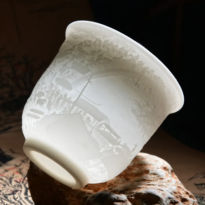 High White Suet Jade Porcelain Customizable "Qingming Riverside Seene" Ceramic Master Tea Cup Wine Cup Set Logo