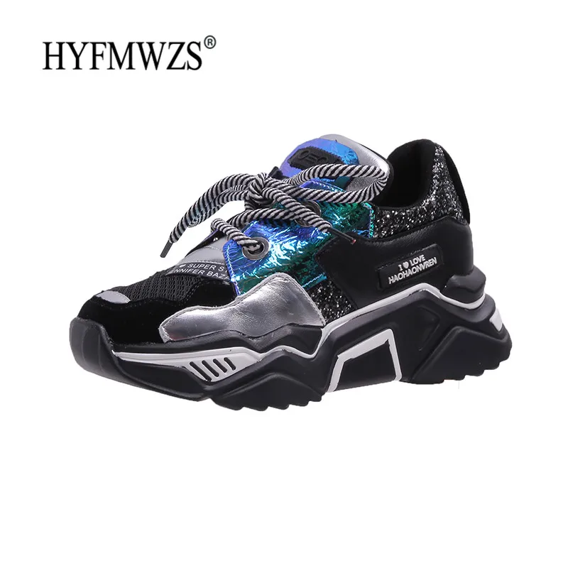 HYFMWZS кроссовки на платформе с пайетками; увеличивающая рост обувь; женская модная обувь на 5 см; сезон осень-зима; стиль; белые кроссовки для бега - Цвет: Black