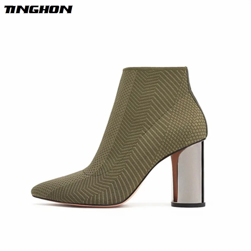 TINGHON/Лидер продаж; зимние вязаные женские сапоги-носки; ботильоны с острым носком без застежки; теплые женские зимние сапоги на высоком каблуке - Цвет: Green