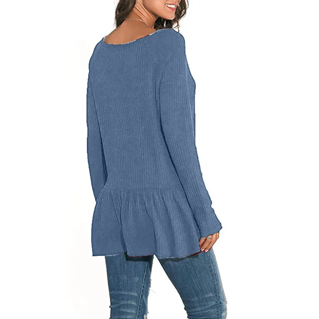 Poleras mujer de moda camiseta mujer Футболка женская Повседневная Однотонная футболка с длинным рукавом и v-образным вырезом Топы с оборками женская футболка