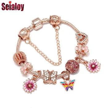 

Seialoy Rose Gold Shiny Daisy Garden Butterfly Charm Bracelets For Women Girl Original Colorful Crystal Beaded Bracelet Jewelry
