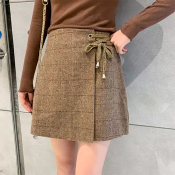 

Autumn Winter Casual Plaid Mini Skirt Woolen Korean High Waist Skirt Bag Hip Skirt Fashion Zipper Skirt