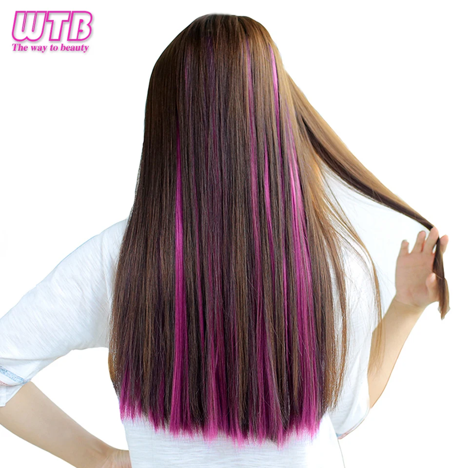 WTB 38 цветов, 50 см, длинные прямые термостойкие синтетические накладные волосы, 1 клипса в одном куске, розовые, синие, Омбре волосы