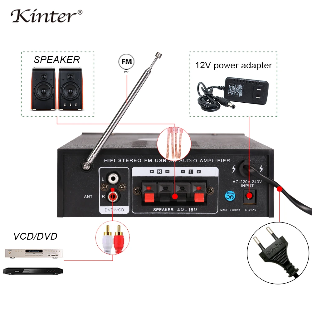 Kinter 004A усилитель караоке аудио 2 0 канал с USB SD AUX вход FM радио Воспроизведение