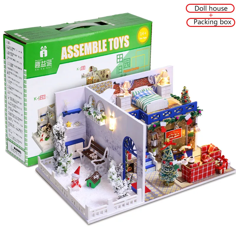 With Gift Box DIY Кукольный дом Minature кукольный домик Каса деревянная модель мебель строительные наборы сборка Рождественский подарок игрушки для детей и взрослых - Цвет: With Gift Box