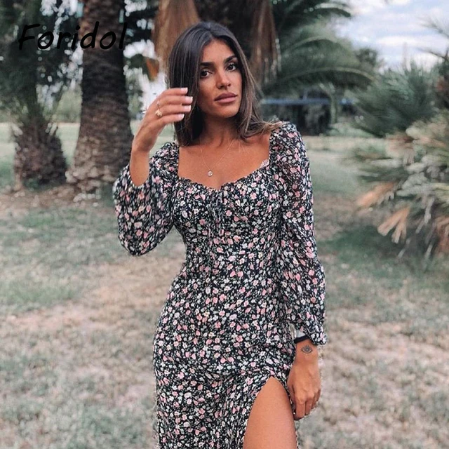 Spring Vintage Long Sleeve Green Floral Dress Women Autumn Winter Slit Long Maxi Dress 2020 Leaf