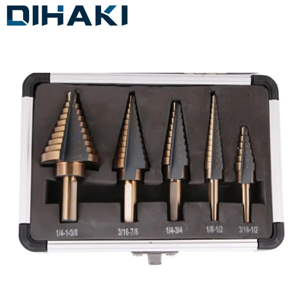 

5 Pcs/Set Step Drill Bits Core Drill Bit HSS Cobalt Multiple Hole for Metal Wood Cone Metal Drill Bit Set Drilling Conductor with Aluminum Case High Quality Carpentry Tools