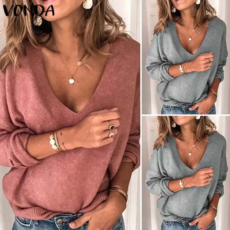 VONDA, женская блузка, глубокий v-образный вырез, тонкий свитер, осенняя вязаная одежда, топы, Повседневная рубашка с длинным рукавом, джемпер, пуловер для женщин, Blusas 5XL