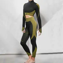 Осенний бесшовный Женский комплект для йоги из 2 предметов, спортивные костюмы, леггинсы для спортзала, укороченный топ с длинным рукавом, куртка, одежда для фитнеса, спортивная одежда, спортивный костюм