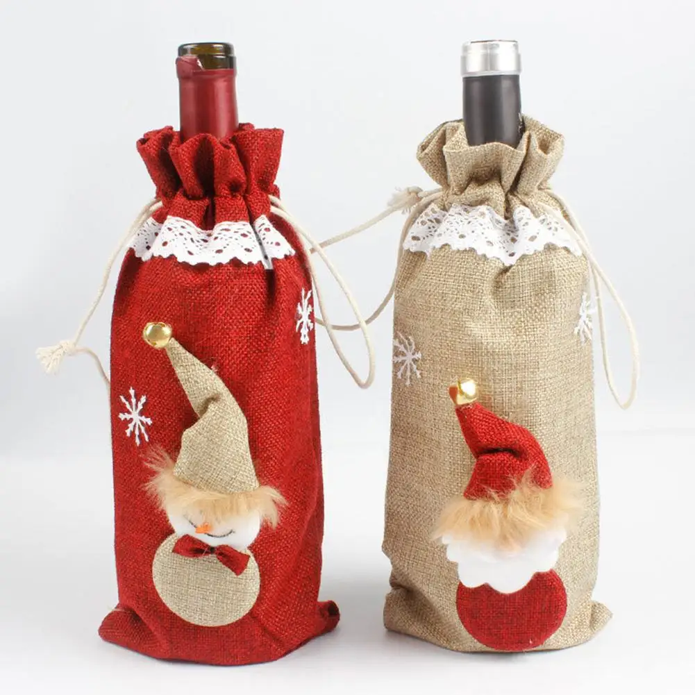 2 TypesChristmas Snowman Santa Drawstring Wine Bottle Cover Bag Party Table Decoration