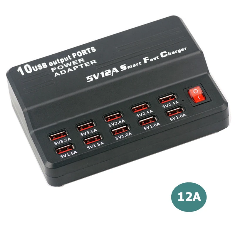 Зарядное устройство с несколькими портами 10 USB 12 А мощность 60 Вт быстрая зарядная