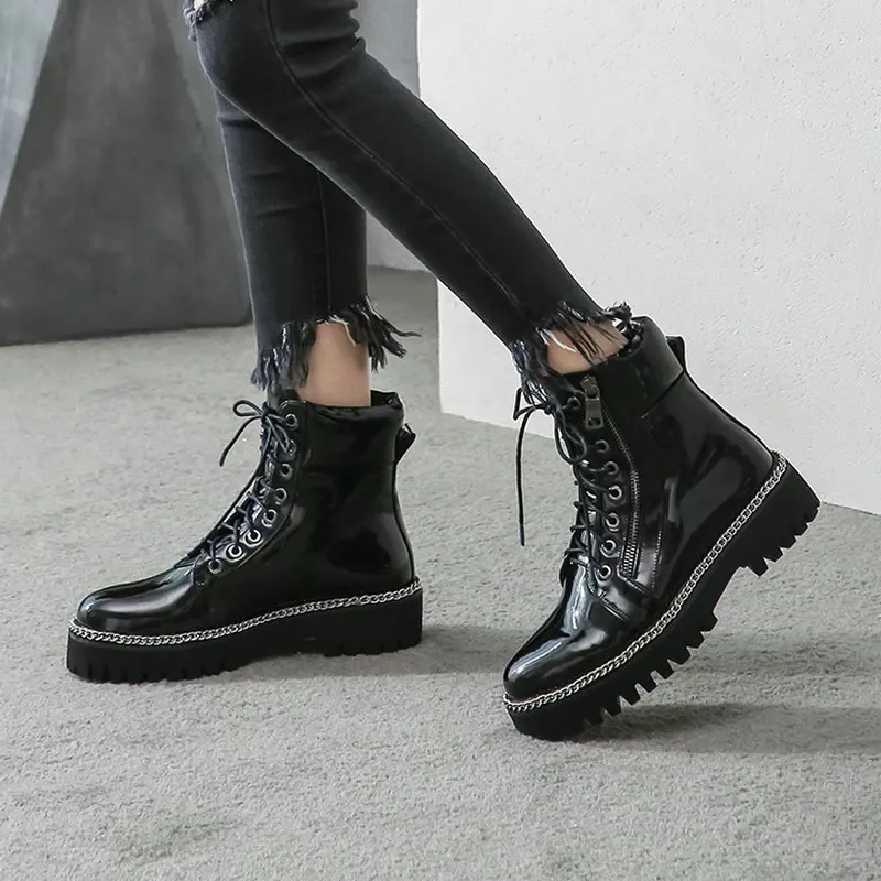 Black Fashion Chain Ankle Boots Faux Leather Flat Heel Women Side Zipper Autumn Winter Martin Woman Shoes | Обувь