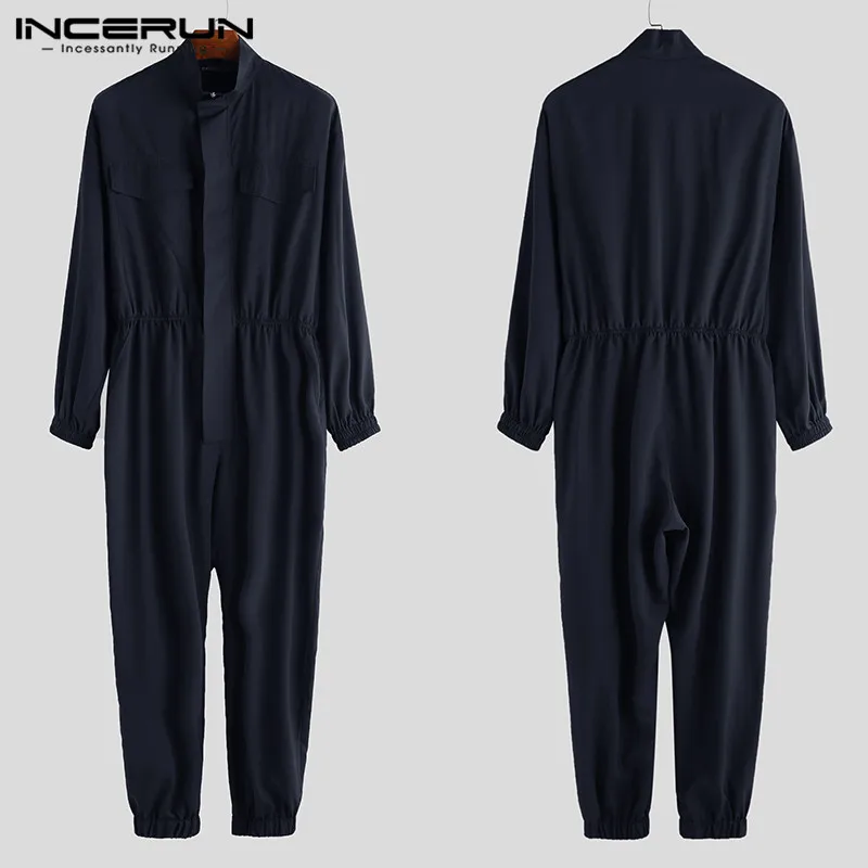 INCERUN Mens Rompers Jumpsuit Long Sleeve Zippers Joggers Solid Casual Pants Stylish Cargo Overalls Men Streetwear Hombre