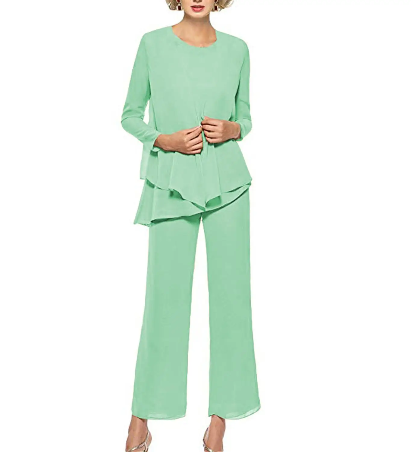Женский костюм из 3 предметов: шифоновое платье с рюшами для матери невесты и брюки, цвет шампанского, зеленый, розовый, короткий жакет, наряд для свадьбы - Цвет: Mint