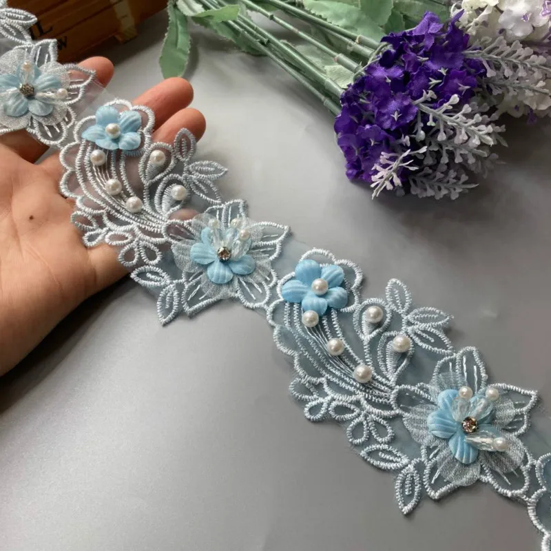 

1 yards Blue Pearl Flower Leaf Handmade Beaded Embroidered Lace Trim Ribbon Applique Wedding Dress Sewing Craft DIY 6.5*10.5cm