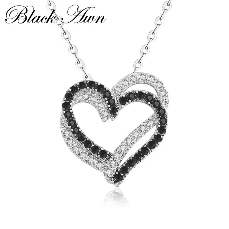 

Silver Necklace Fine Genuine 100% 925 Sterling Silver Necklace Women Jewelry Heart Black&White Stone Pendants P107