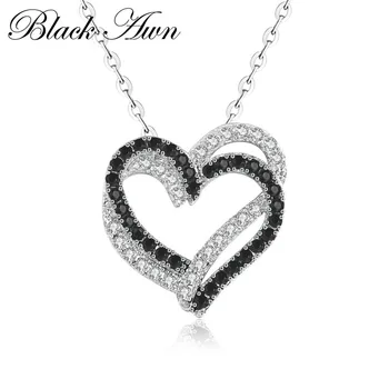 Silver Necklace Fine Genuine 100% 925 Sterling Silver Necklace Women Jewelry Heart Black&White Stone Pendants P107