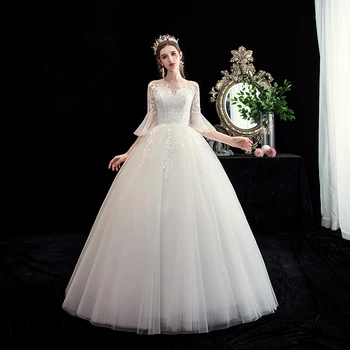 

Mrs Win Wedding Dress Elegant Half Flare Sleeve O-neck Lace Up Ball Gown Princess Lace Embroidery Wedding Dresses Custom Size
