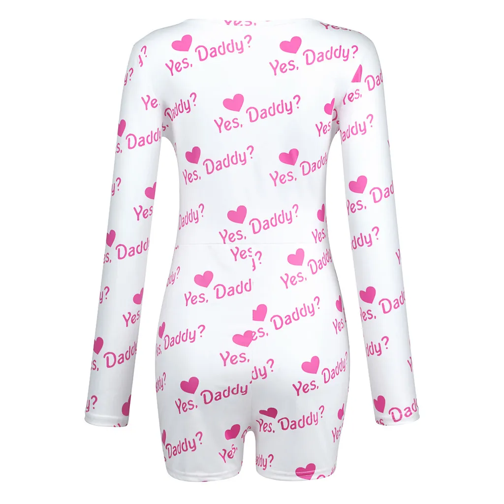 Женская пижама с принтом букв и сердца комбинезон длинным рукавом v образным