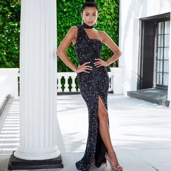 

Sexy Black One Shoulder Sequin Dress High Quality Maxi Dress Women Celebrity Fashion Party Dress Vestidos Wholesale 2019