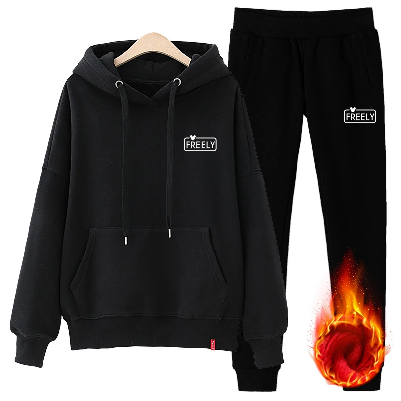 1861008336blackblack Большой размер S-XXXL Новые женские спортивные костюмы осень и зима модные повседневные свободные плюс бархатный вкладыш фуфайка комплект - Цвет: 1861008336blackblack