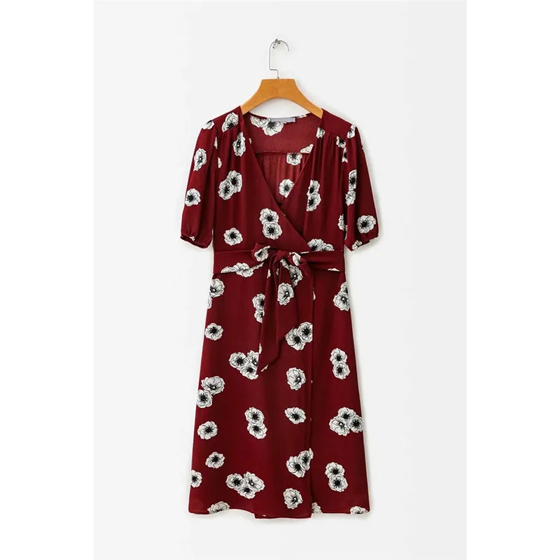 wine red Sukibandra, лето, половинный рукав, цветочный принт, v-образный вырез, платье с запахом, Ретро стиль, красное вино, женское платье миди, элегантное, бохо, пляжные платья - Цвет: wine red