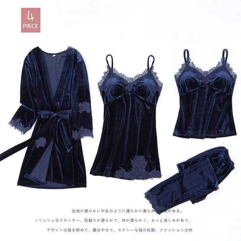 Navy Blue A Осень-зима новые бархатные кимоно халат Для женщин сексуальный 4 шт. ночная рубашка; одежда для сна Костюм Мягкая Домашняя одежда для сна велюр Повседневное, одежда для сна - Цвет: Navy Blue A