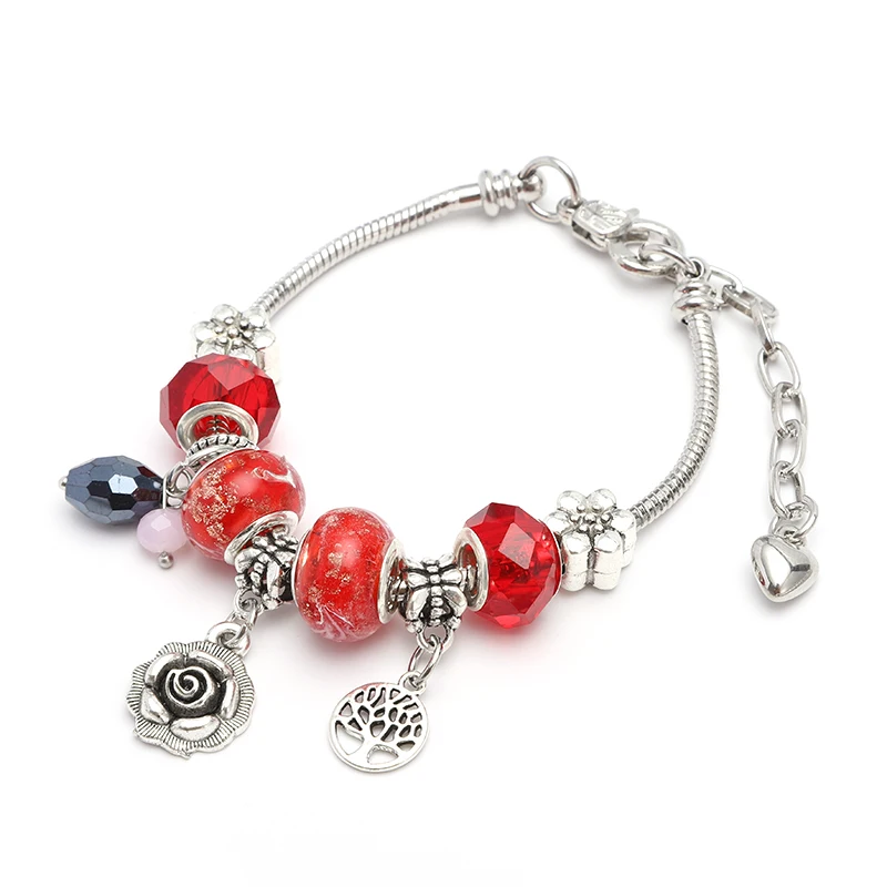 New Fashion Flowers Bangles Charm Bracelet Fit Snake Chain DIY Fine Bracelet for Women Jewelry Accessories - Окраска металла: red