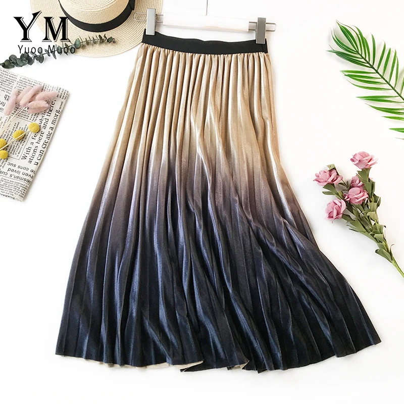 

YuooMuoo Ins Fashion Gradient Velvet Pleated Skirt Women 2019 Good Quality Elegant Autumn Winter High Waist Ladies Midi Skirt