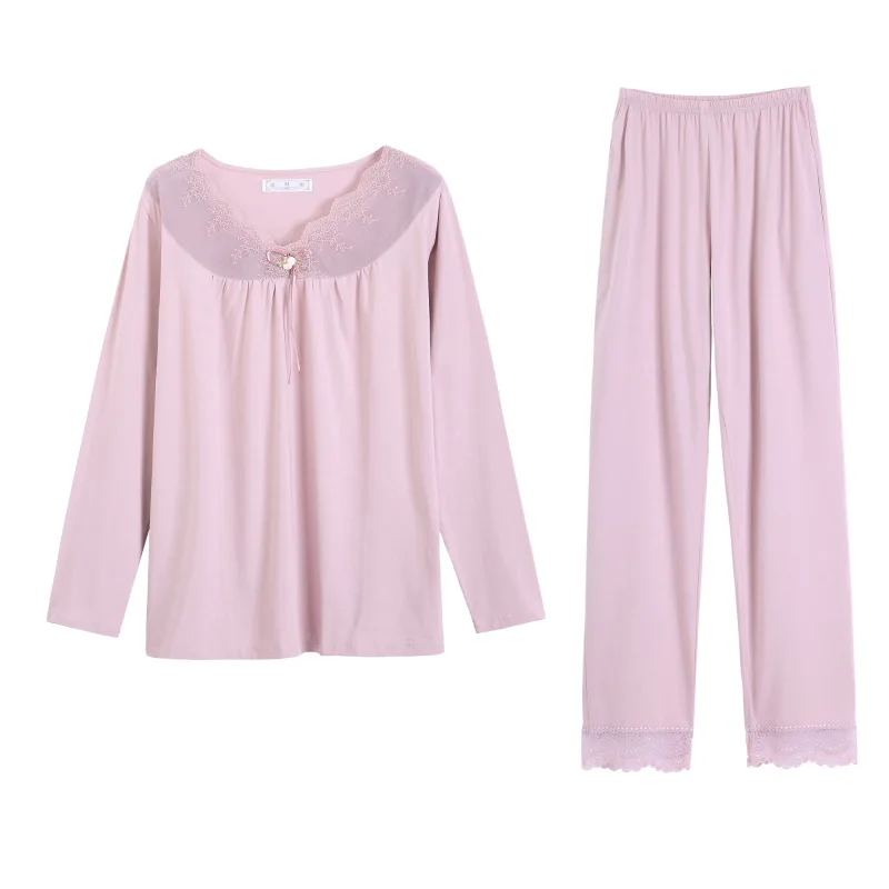 

Spring and Autumn Modal Pajamas Women's Long-Sleeved Plus-sized Loose Summer Thin Pullover Tops Long Pants Two Piece Home Suit