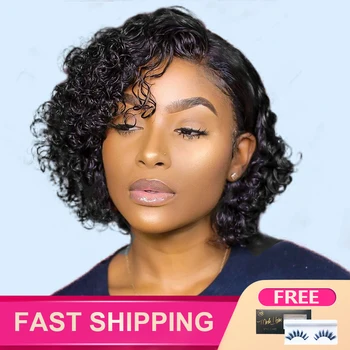 

RESHINE Short Brazilian Kinky Curly Bob Wig 4x4 Closure Wig Lace Front Human Hair Wigs Pre Plucked Pixie Cut Lace Wig For Women