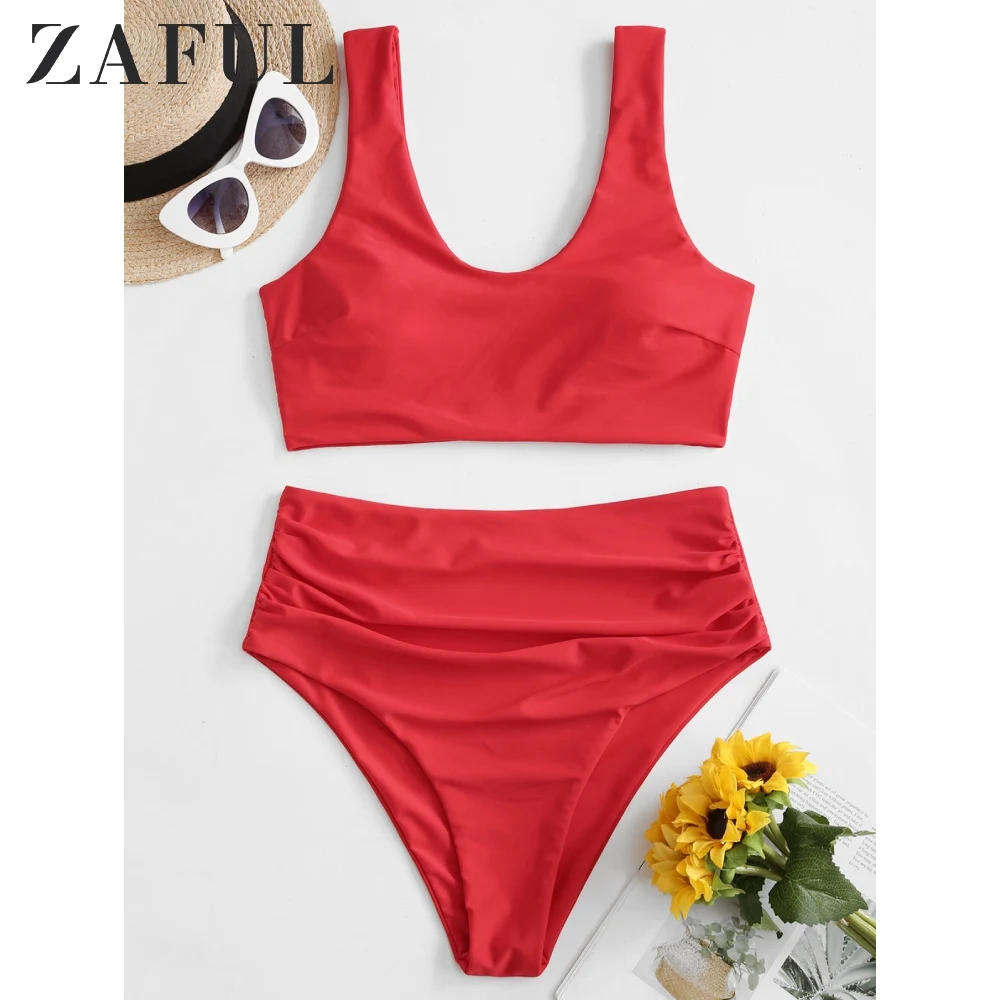 Женский купальник с высокой талией ZAFUL однотонный Танкини пуш-ап и низкой для