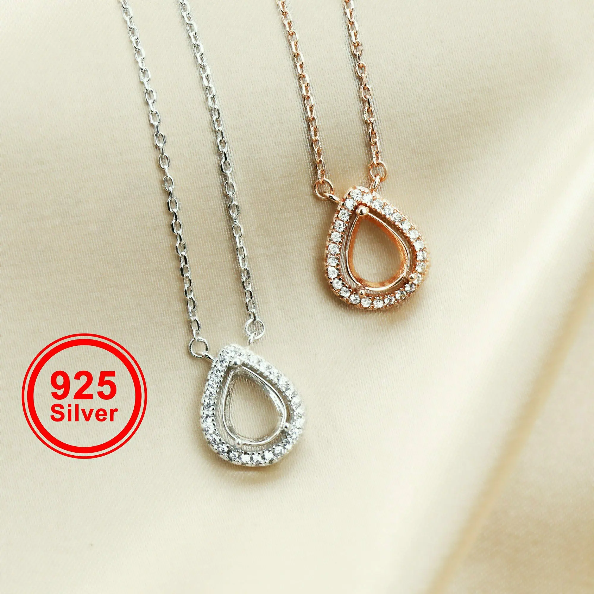6x8MM Pear Bezel Halo Pave Pendant 